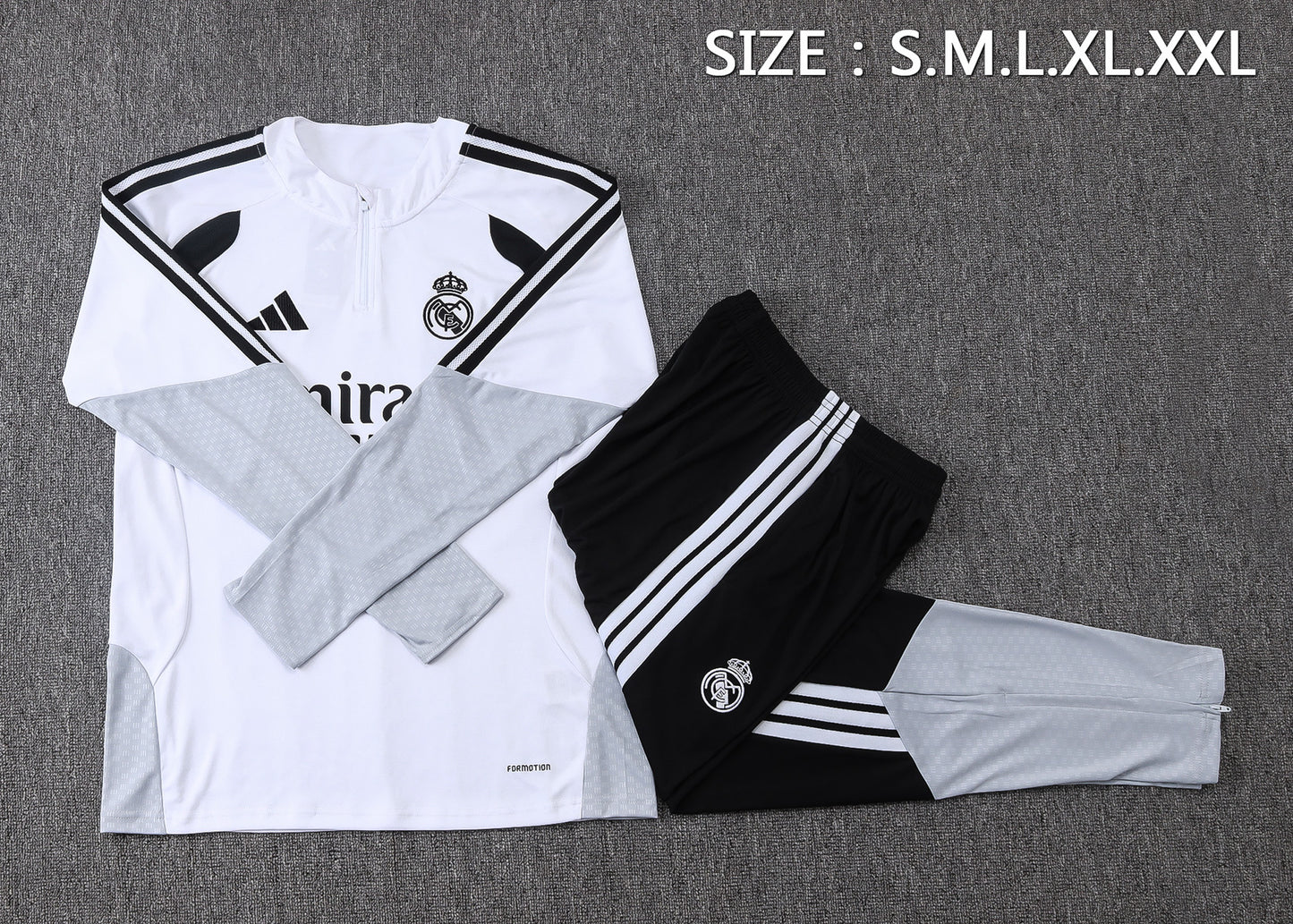 Real Madrid 1/4 Zip Tracksuit Set - White/Black/Grey