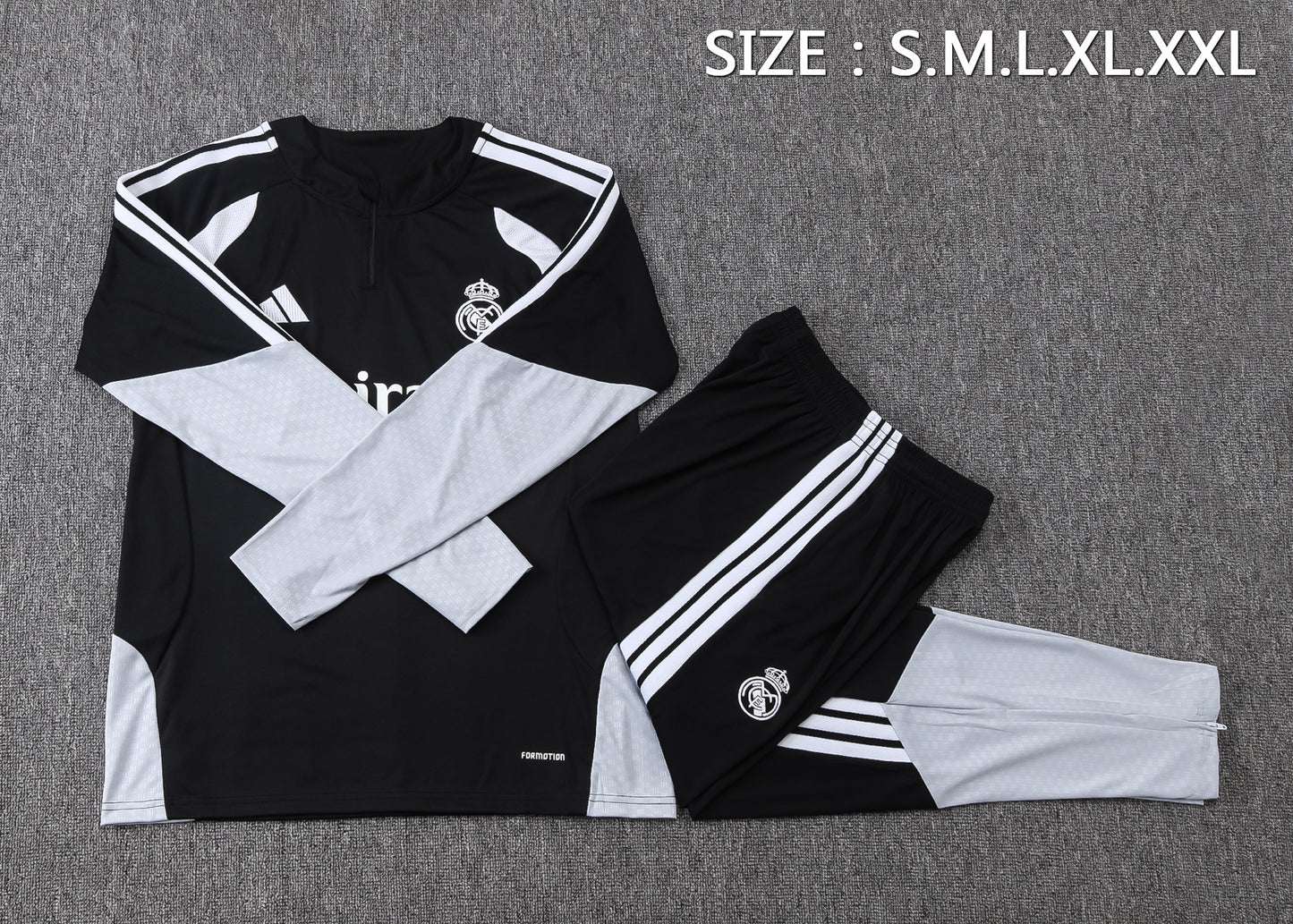 Real Madrid 1/4 Zip Tracksuit Set - Black/White/Grey