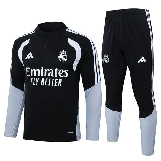 Real Madrid 1/4 Zip Tracksuit Set - Black/White/Grey