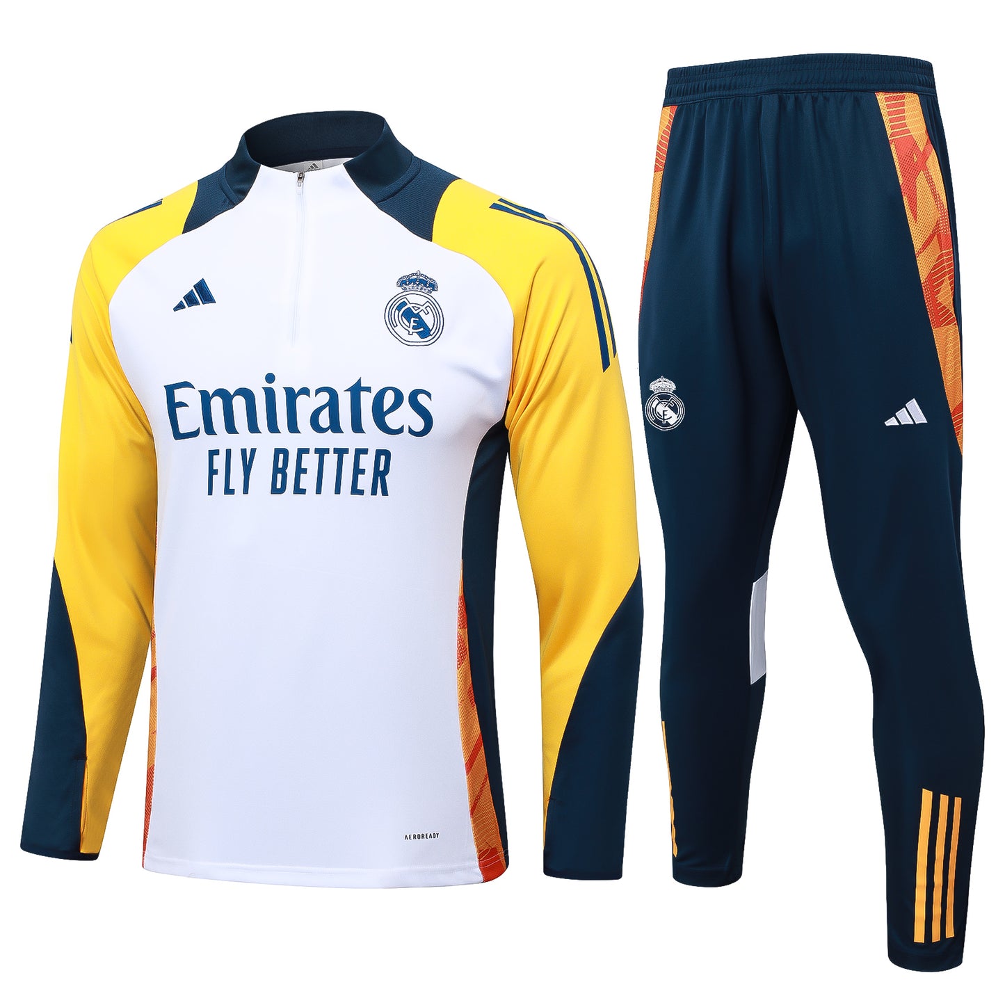 Real Madrid 1/4 Zip Tracksuit Set White/Yellow/Navy
